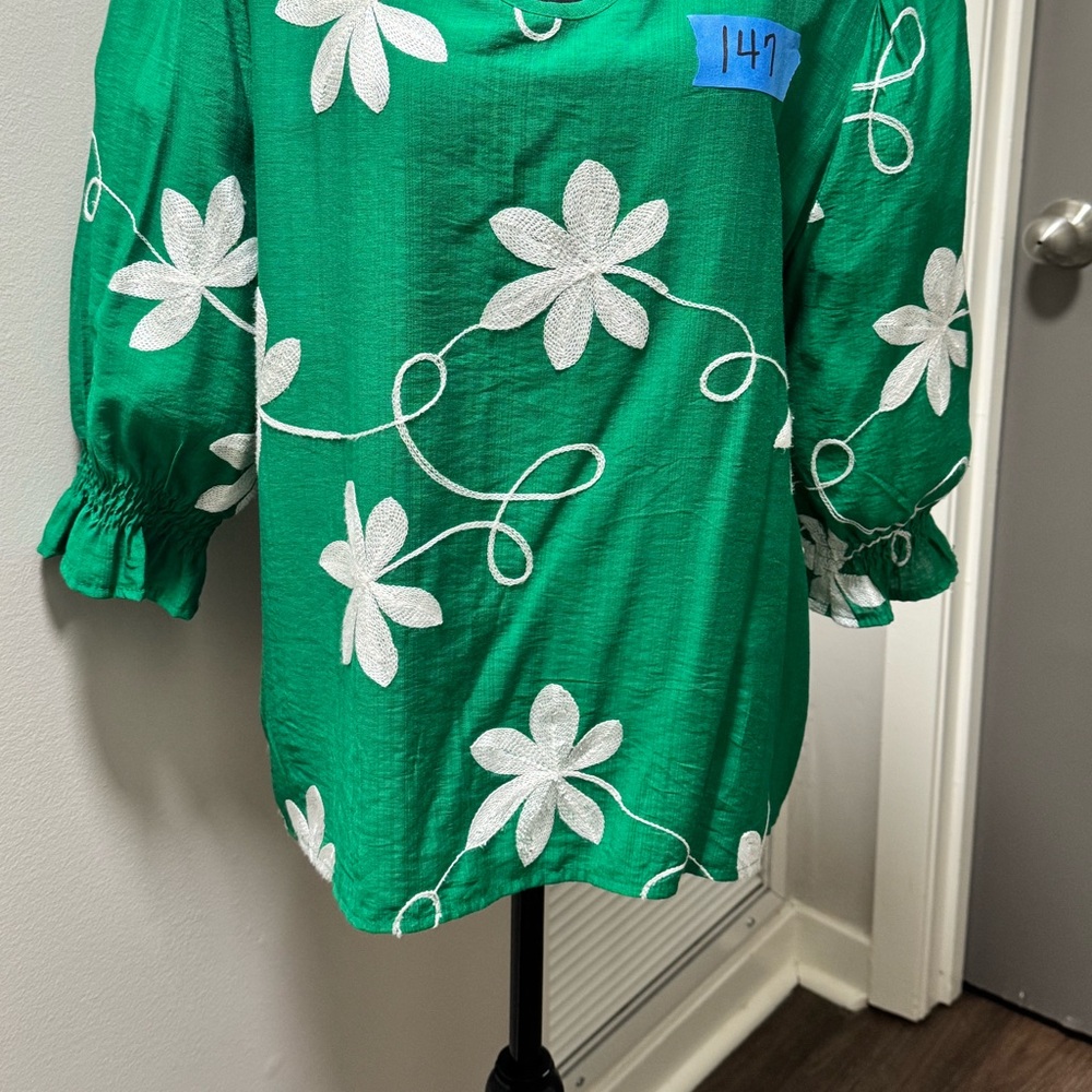 Green Floral Embroidered Blouse